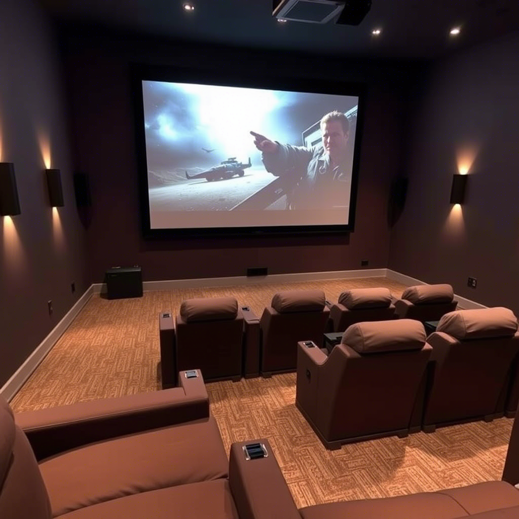 title sala de cine en casa
proyector
pantalla
sillon
subwoofer